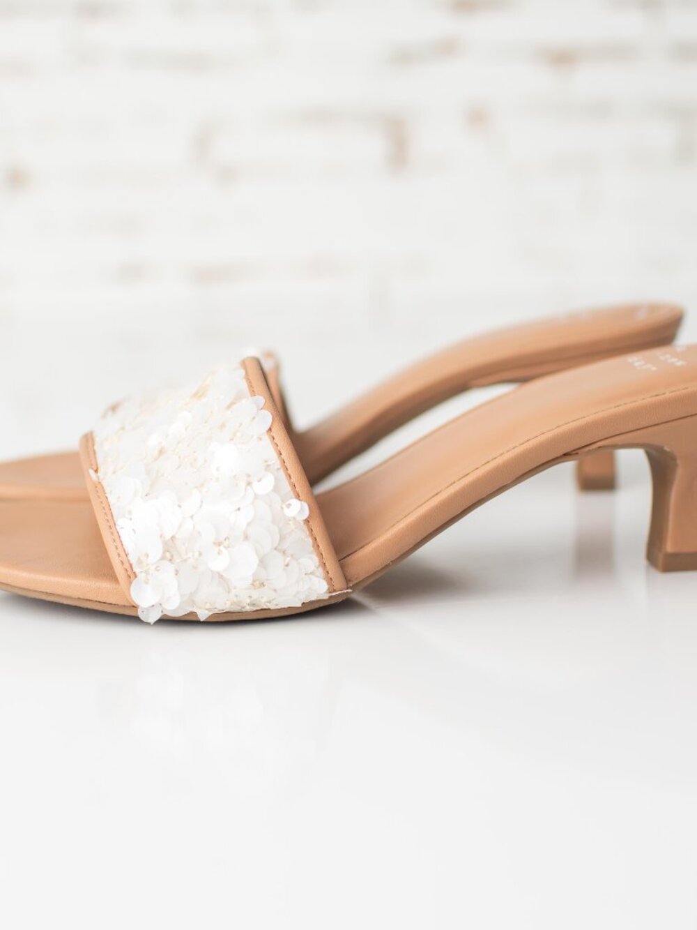 A New Day Kaia Heeled Sandals Size 9 Tan Sequin Strap Memory Foam Slip On Mules - Picture 4 of 8